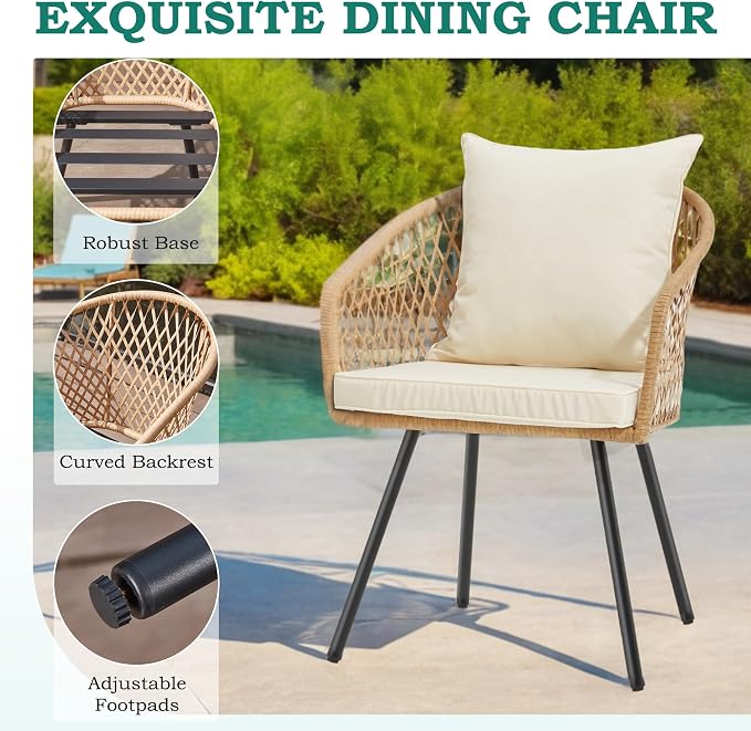 ECOTOUGE 5-Piece Outdoor Dining Table Chair Set, All-Weather Wicker Dining Set for 4, 4 Cushioned Chairs & Glass Table for Garden, Deck, Backyard(Yellow/White)