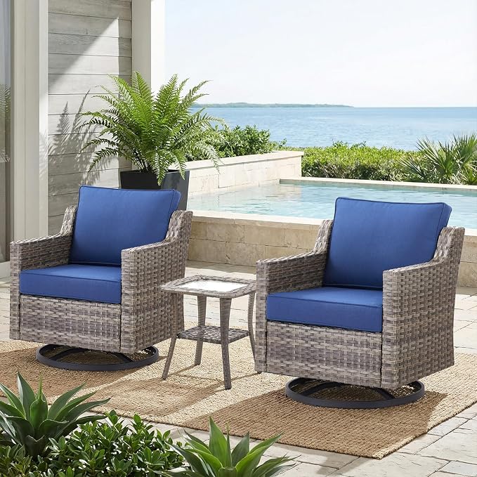 Belord Patio Wicker Swivel Rocker Patio Chairs with Side Table, Outdoor Rattan Chairs for Deck Porch Garden, 3 Piece Luxury Patio Furniture Set, Blue