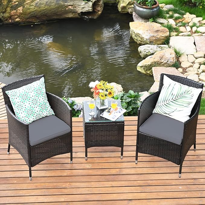 Tangkula Patio Furniture Set 3 Piece, Outdoor Wicker Rattan Conversation Set with Coffee Table, Chairs & Thick Cushions, Suitable for Patio Garden Lawn Backyard Pool (Grey)