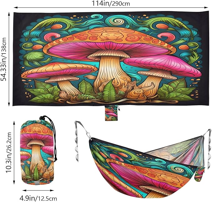 Camping Hammock Lightweight - 350lbs Portable Hammock with 2 Tree Straps and Attached Carry Bag,Great for Travel/Backpacking/Beach/Backyard - Single or Double - Cute Mushroom 1