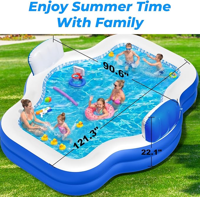 Inflatable Swimming Pool with Seat Pump, 121" X 90" X 22" Blow-Up Pool for Kids Adults Oversized Thickened Kiddie Pool Family Full Sized Inflatable Pools for Garden, Backyard, Outdoor Water Party