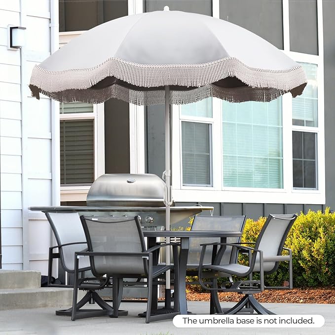Tangkula 6.5FT Beach Umbrella with Fringe, UPF50+ Outdoor Boho Umbrella with Tassels, Push Button Tilt, Sand Anchor, 8 Ribs, Vintage Patio Umbrella with Carry Bag for Sand Deck Pool Garden Backyard