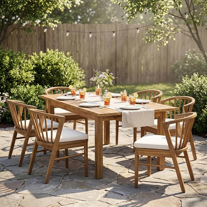 7-Piece Outdoor Patio Expandable Dining Table Set, All-Weather Acacia Wood Dinning Set with 6 Chairs and Cushions for Garden Backyard Balcony Deck Poolside