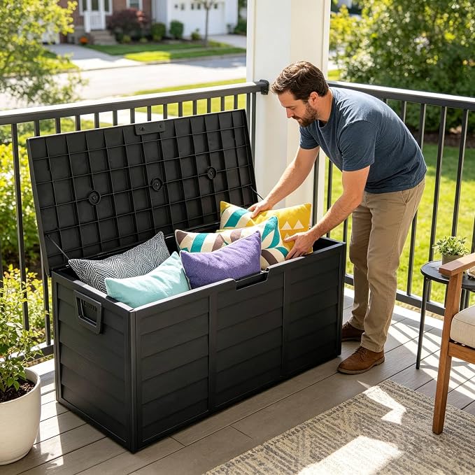 75 Gallon Large Outdoor Storage Box, Indoor and Outside Deck Box with Lockable Design Lids, Waterproof Resin Storage Containers Bin for Garden, Garage, Patio, Poolside, Toy Storage Full Black
