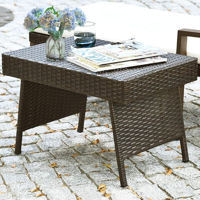HAPPYGRILL Outdoor Wicker Table Folding Rattan Standing Coffee Side Table for Patio Lawn Bistro Poolside Garden