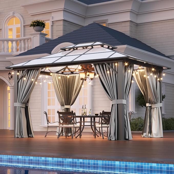 Aoxun 10'x12' Hardtop Gazebo, Outdoor Metal Gazebo with Double Polycarbonate Roof Canopy, Permanent Pavilion with Netting and Curtains for Lawn, Garden, Patio (Gray)
