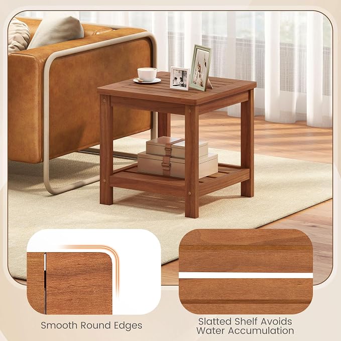 2 Pieces Adirondack Side Table, 2-Tier Square Wood Patio End Tables with Slatted Tabletop Storage Shelf, Accent Small Side Table Indoor Outdoor for Garden, Backyard, Porch & Living Room