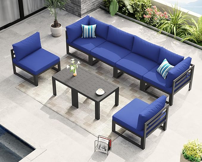 NICESOUL 8 Piece Large Luxury Aluminum Patio Conversation Set, 29" Deep Wide Comfortable Sitting, U Shaped Modular Sectional Couch, 500 lbs Heavy Duty All Weather Outdoor Sofa for Backyard, Navy Blue