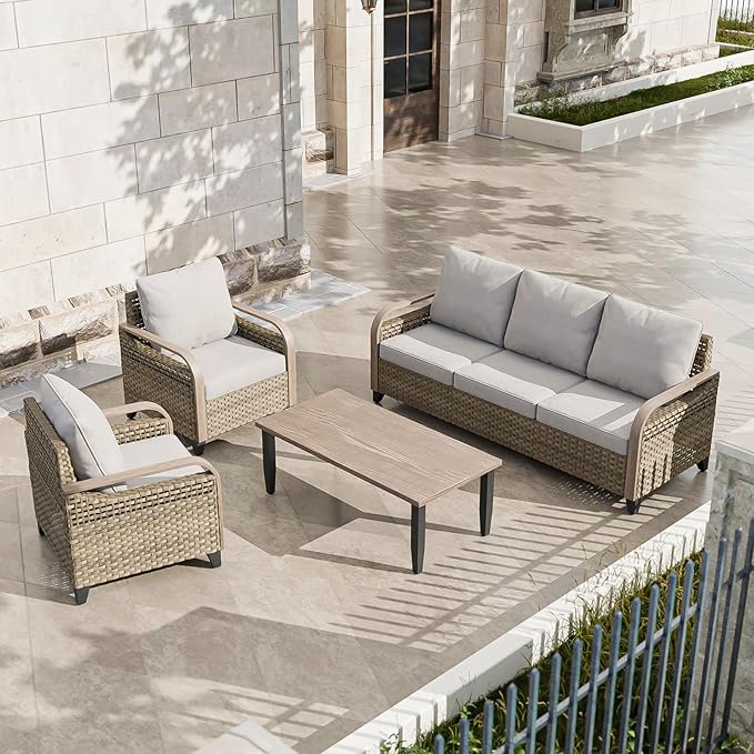 COOS BAY Modern Wicker Outdoor Furniture Set, 4 Piece Patio Conversation Set with 2 Patio Chairs, a 3 Seat Couch and Side Table, 4 Piece, Brown/Gray