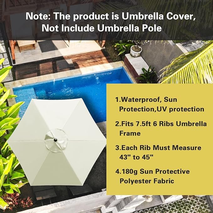 Sunnyglade 7.5ft Patio Umbrella Replacement Canopy Market Umbrella Top Outdoor Umbrella Canopy with 6 Ribs