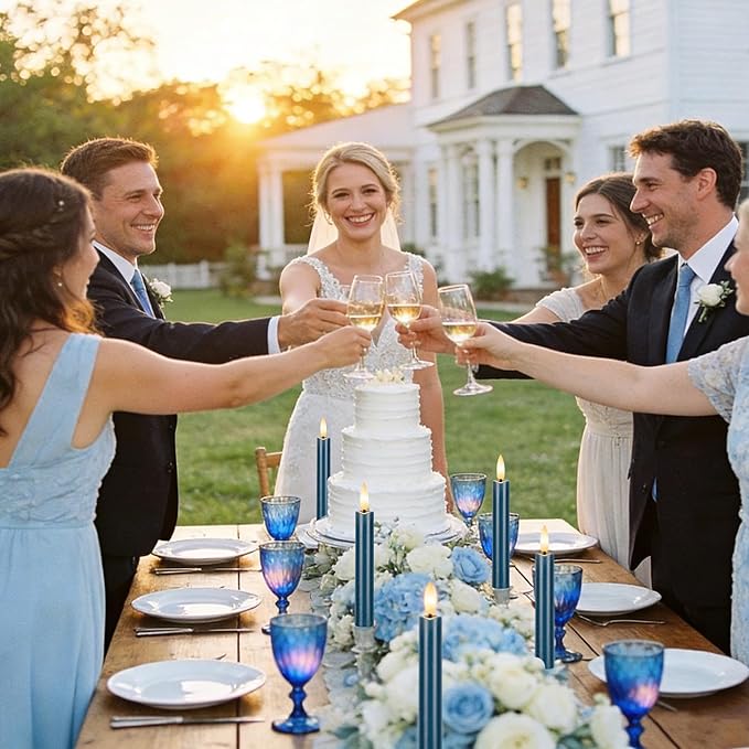 Blue Flameless Taper Candles with Remote, Short Battery Operated LED Candles, 6.4inch Flickering Flameless Candlesticks for Table Centerpiece, Wedding, Mantel, Window Decor, Set of 6