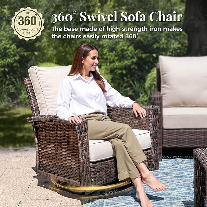 6-Piece Wicker Patio Furniture Set with Swivel Chairs, High Back Outdoor Sofa with 5.5-inch Thick Cushion, All-Weather Wicker Patio Conversation Set for Deck Yard Pool, Beige