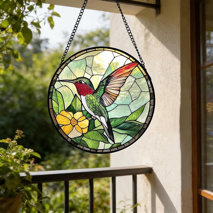 Stained Glass Window Hanging, Green Hummingbird Sun Catcher for Door Home Decor, Birds Suncatcher Christmas Mother's Day Birthday Gifts for Bird Lovers Women Men Mom and Nana 6.3 in