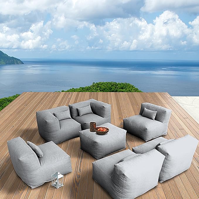 Patio Furniture Set Bean Bag 7 Pieces Outdoor Chairs Sectional Conversation Patio Set Daybed Furniture Outdoor Sofa Couch High Density Foam Filling Modern Comfy Patio Couch, Dark Gray