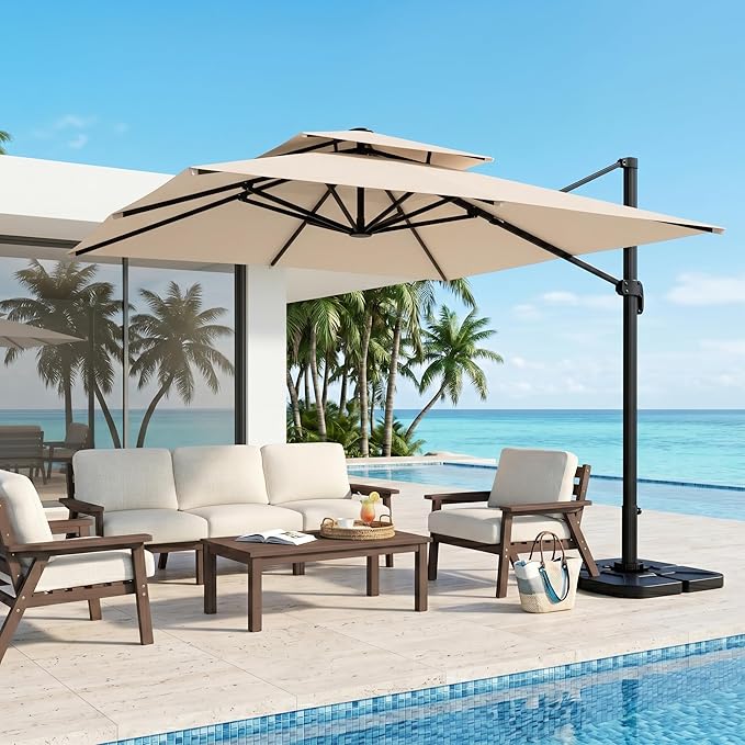 Kingdura Cantilever Patio Umbrella with Double Top Vent, Large Square Aluminum Outdoor Offset Umbrella with 360-degree Rotation, Infinite Tilt, UV Protection for Pool Deck Garden Patio