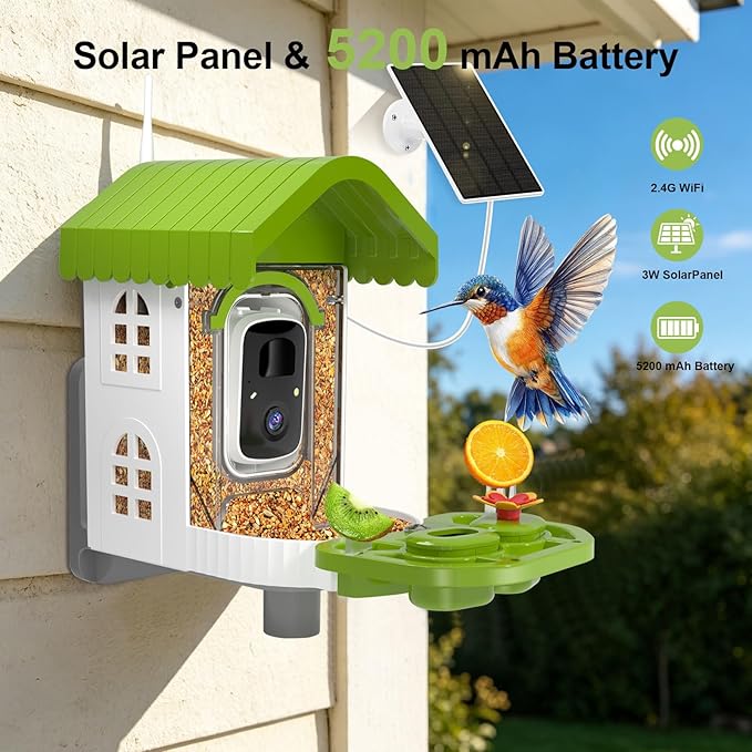 NEEZUKAR Bird Feeder with Camera Solar Powered, Smart Bird Feeder with AI Identify Birds Species, 2K HD Video Bird Watching, Weatherproof Design for Outdoor, Ideal Gift for Bird Lovers(Green)