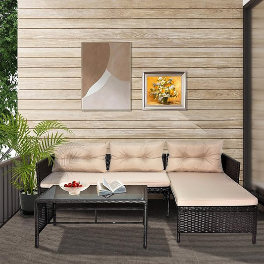 3 Piece Outdoor Patio Furniture Set, Rattan Wicker Sofa Set, Outdoor Furniture Chair Set with Tea Table, Sofa Set, Outdoor Furniture Rattan Patio Conversation Set with Coffee Table