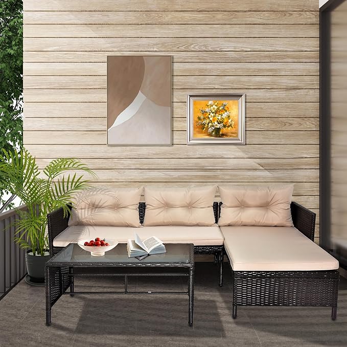 JHshop 3 Pieces PE Rattan Wicker Chairs with Table Outdoor Furniture for Backyard, Outdoor Furniture Set Patio Conversation Loveseat Sofa Sectional Couch,Balcony Sofa Set with Table for Outside Porch
