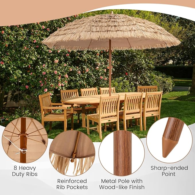 Tangkula 8Ft Tiki Patio Umbrella, UPF50+ Hawaiian Style Outdoor PE Grass Umbrella with 8 Ribs, Portable Thatched Beach Umbrella for Garden, Yard, Poolside