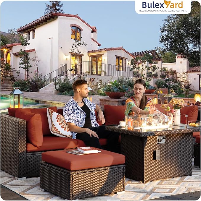 BULEXYARD 13 Piece High Back Wicker Patio Furniture Sets with Fire Pit, Elegant XL Oversized Outdoor Seating Set Modular, Comfy Extra Deep Wide 12-Person Sectional Couch Sofa for Backyard, Brown & Red