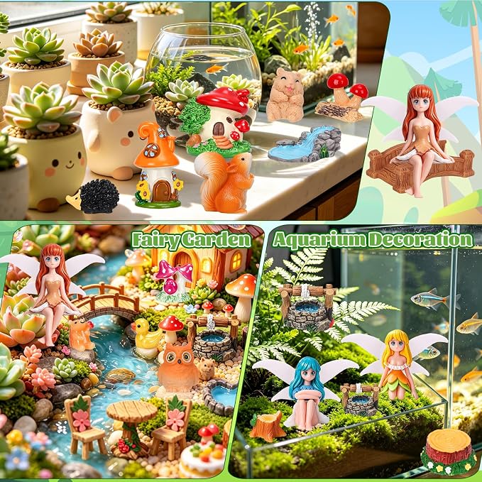 40Pcs Fairy Garden Accessories Miniature Garden Ornaments Kit with Mini Animal Plant Fairies Furniture House Figures Bulk for Micro Landscape DIY Terrarium Potted Plants Dollhouse Decor