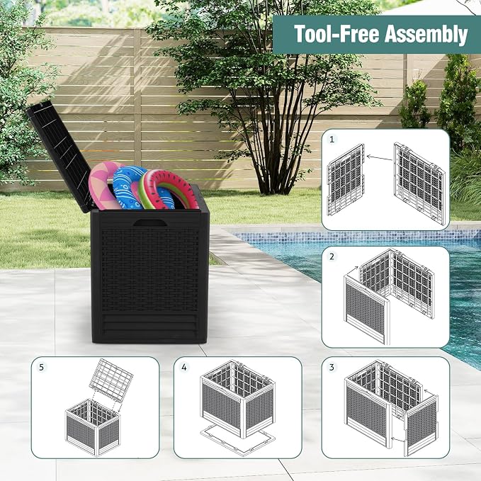 Giantex 25 Gallon Outdoor Storage Box, PP Deck Container with Rattan Patterns & Lockable Lid, All-Weather Patio Plastic Storage Bin for Package Delivery, Garden Tools, Patio Cushions (Black)