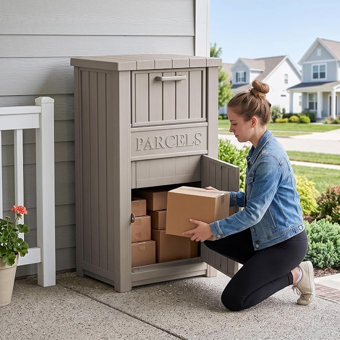 Package Delivery Boxes for Outside, 100 Gallon Outdoor Storage Box, with Lockable Secure Design, Deck Box Outdoor Waterproof for Entryway, Front Porch, Backyard, Garden, Patio(Grey)