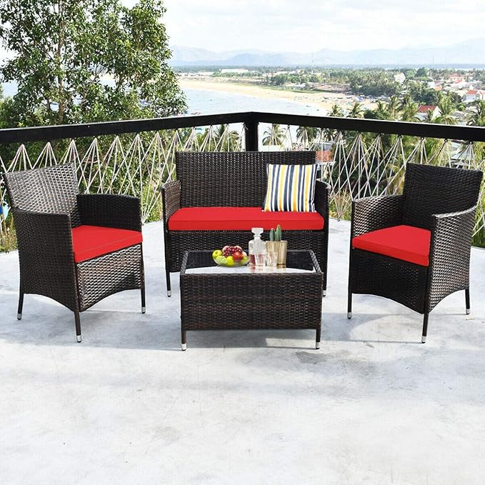 HAPPYGRILL 4PCS Patio Furniture Set Outdoor Rattan Wicker Conversation Set with Cushioned Sofa and Coffee Table for Porch Backyard Garden Poolside