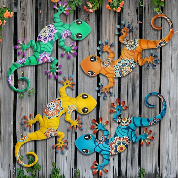 4 Pcs Metal Gecko Outdoor Decorations - Metal Lizards Wall Art Hanging Sculpture Decoration for Garden Yard Fence Porch Exterior Wall Decor