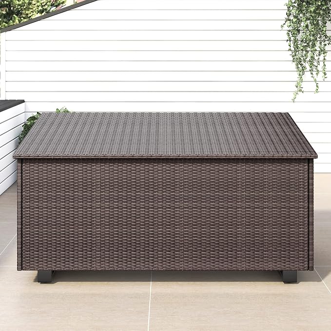 Lepus Large Outdoor Waterfroof Deck Box, 210 Gallon Rattan Deck Storage Box with Built-in Waterproof Bag for Seat Cushion on Patio Garden, Poolside (210, Brown)