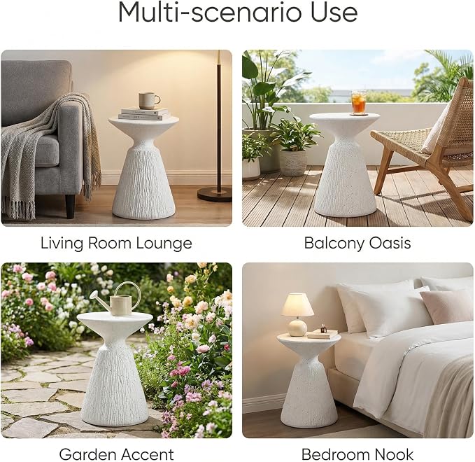 Small Coffee Table, Retro Round Pedestal Side End Table, All-Weather MGO Coffee Table for Living Room Garden Stool Modern Decorative Furniture for Apartment Home Patio Outdoor Speckled Textured White