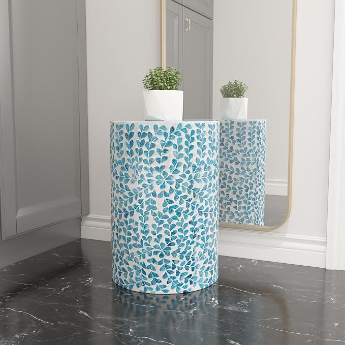 PEMAR Mother of Pearl Inlaid Cylinder Drum End Table Nacre Capiz Shell Side Table Stool Drum Accent Table Coffee Bedside Side Table Round Nightstand and Vanity Stool (Teal Floral)