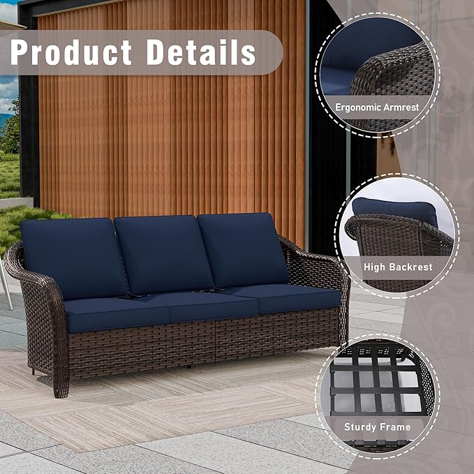 3 Piece Patio Wicker Conversation Set, All-Weather Use Outdoor Wicker Sofa with 2 PE Rattan 360 Swivel Chair, Ideal for Porch, Backyard, Balcony, Poolside, Blue