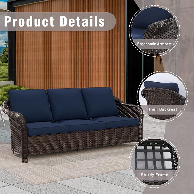 7 Piece Patio Wicker Conversation Set, 2 All-Weather Use Outdoor Wicker Sofa with 2 PE Rattan Ottomans,2 Chair, 1 Side Table, Ideal for Porch, Backyard, Balcony, Poolside, Blue
