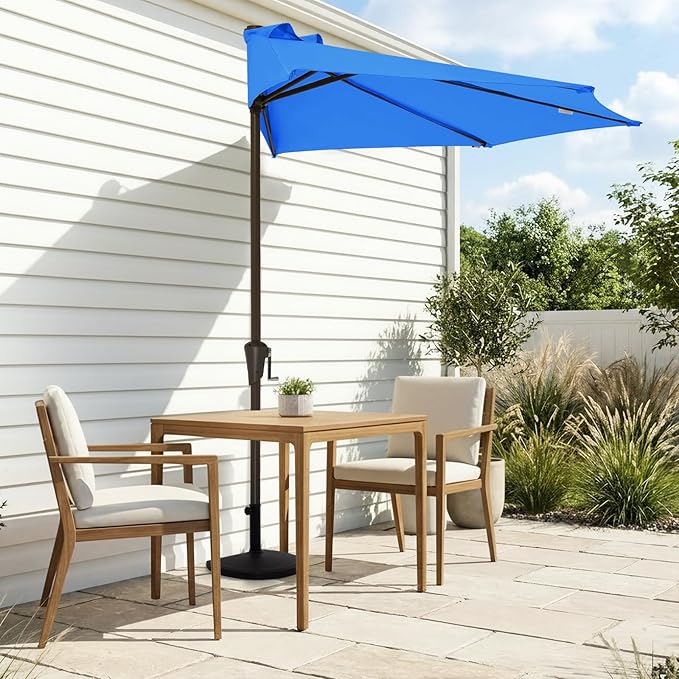 JEAREY 9ft Half Umbrella Outdoor Patio Umbrella Market Umbrellas with Crank, 1/2 Round Wall Umbrella 5 Sturdy Ribs UV Protection for Pool Garden Balcony Deck, Royal Blue