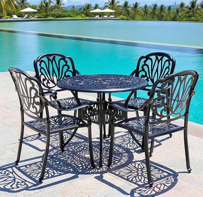 5 Piece Cast Aluminum Patio Dining Set, All Weather Outdoor Dining Furniture Set Includes 4 Chairs and 1 Round Table with Umbrella Hole for Garden,Deck, Balcony,Backyard, Black