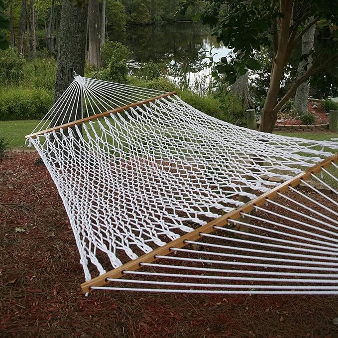 Original Pawleys Island Large White DuraCord Rope Hammock – 13 ft. x 55 in., 2-Person, 450 lb Capacity, Oak Spreader Bar, Zinc-Plated Hardware, Handcrafted in the USA