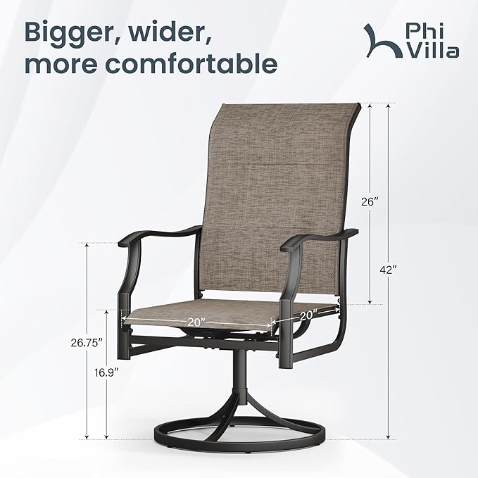 PHI VILLA Swivel Patio Chair Set of 6, 42" High Back Outdoor Chairs with Padded Fabric & E-Coating Frame, All Weather-Resistant for Deck Lawn Garden