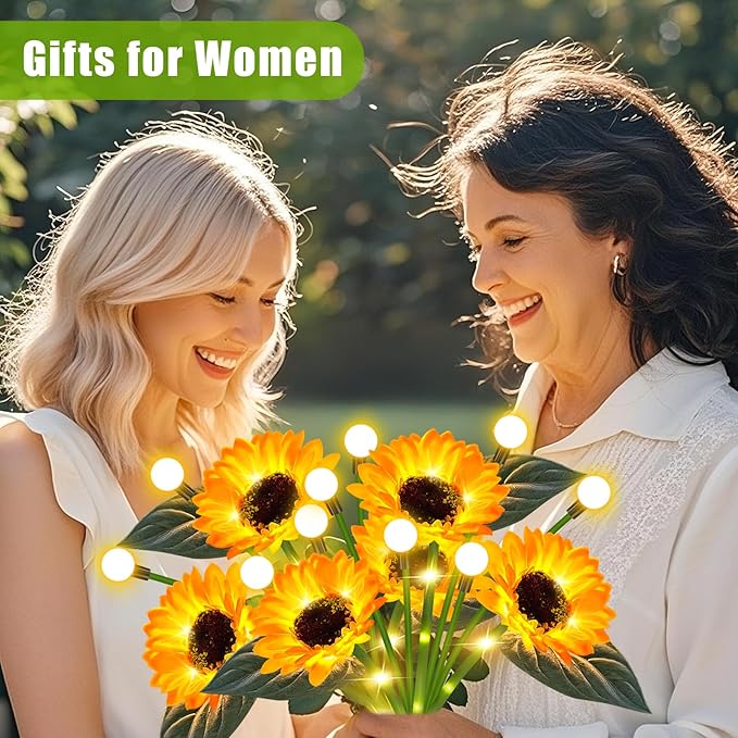 Solar Sunflower Lights 2 Pack Waterproof LED Firefly Garden Decor for Mom Grandma