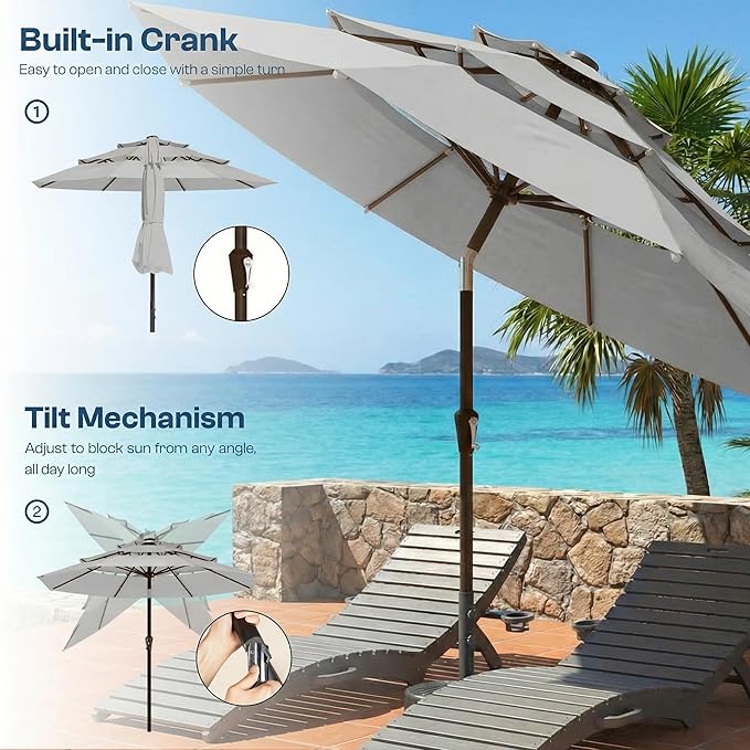 10ft Patio Umbrella, 3 Tier Outdoor Market Table Umbrellas with 8 Fiberglass Ribs and Push Button Tilt, Windproof, Vented Canopy, UV Protection for Deck, Pool, Backyard