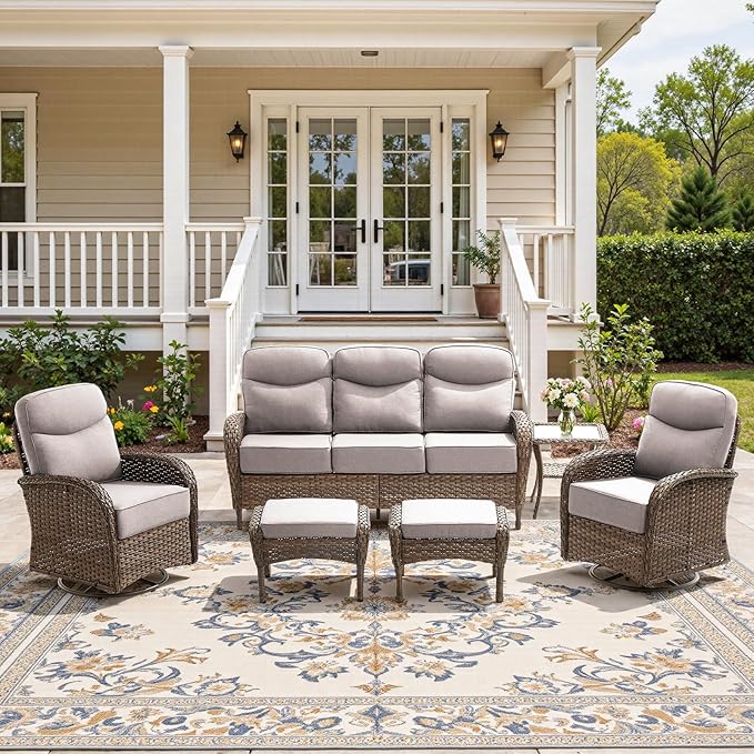 6-Piece Luxury Patio Furniture Set with 6-Inch Thick Cushions, High-Back Outdoor Swivel Rocker Chairs and Table, All-Weather Conversation Set for Porch, Deck, Balcony or Backyard – Beige