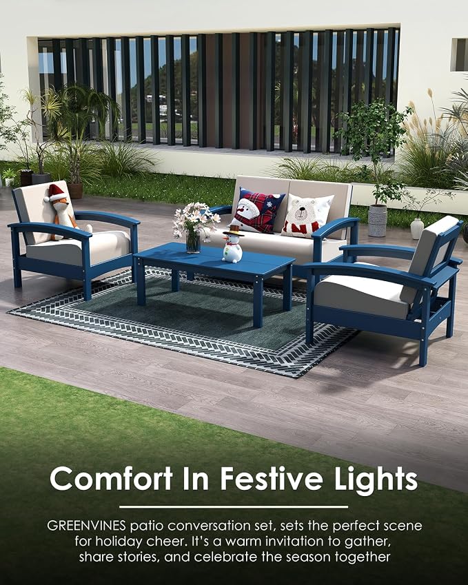 GREENVINES Deluxe 4-Piece Patio Furniture Set | HDPE Plastic | Outdoor Sectional Conversation Sets | All-Weather Couch | Sofa with Coffee Table | Black Frame w/Beige Cushion | for Porch Lawn | Blue