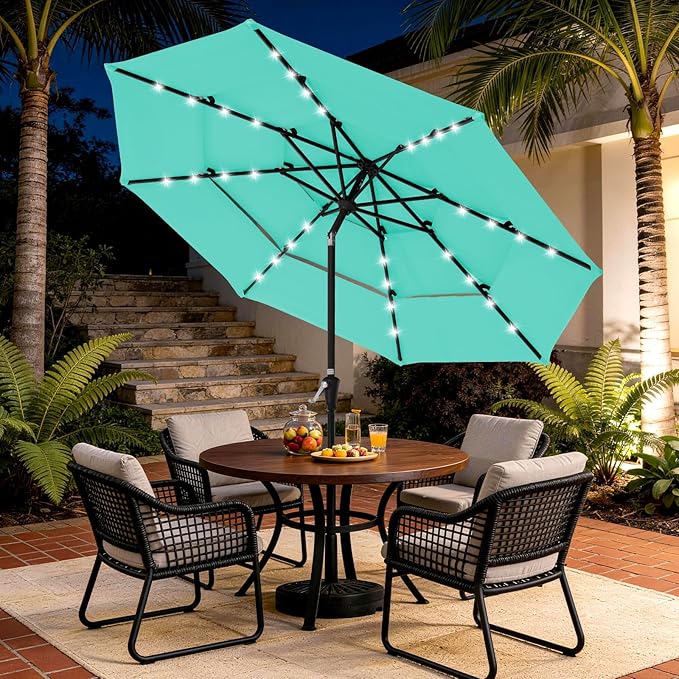 JEAREY 3 Tiers Patio Umbrella with Solar Lights 9ft Outdoor Market Table Umbrellas with Push Button Tilt for Outside Pool Garden, Peacock Blue