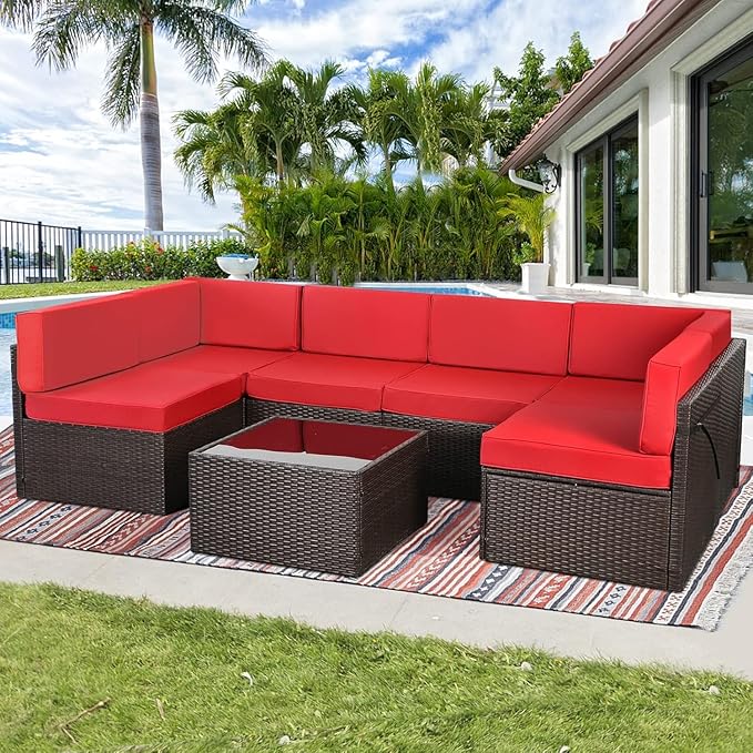 U-MAX Outdoor Sectional Furniture Chair Set with Cushions and Coffee Table,Patio PE Rattan Wicker Sofa, 7 Piece