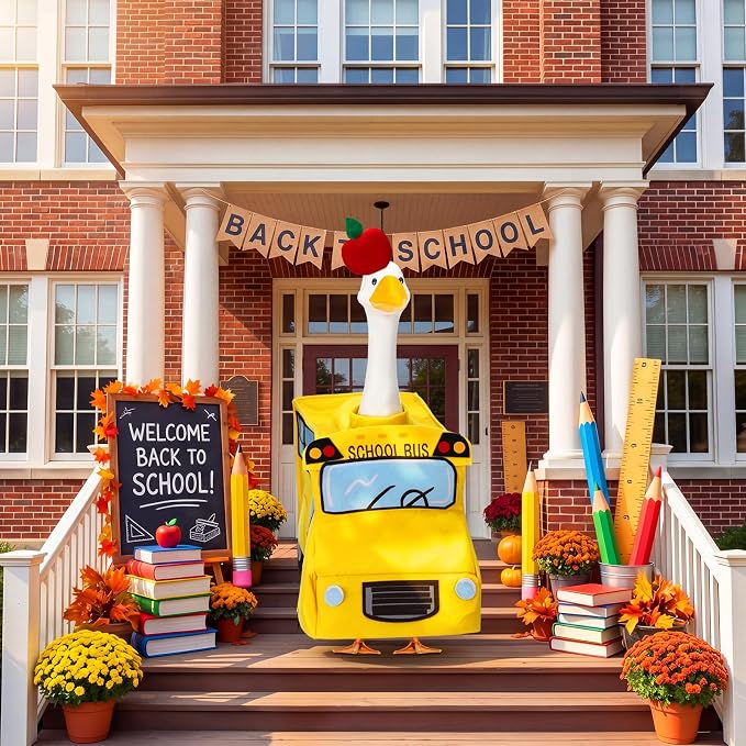 Abbylike Back to School Porch Goose Outfits 23" School Bus Goose Clothes | for Plastic Cement Statue School Classroom Goose Costume Outdoor Garden Yard Patio Art Decor Pathway Decoration