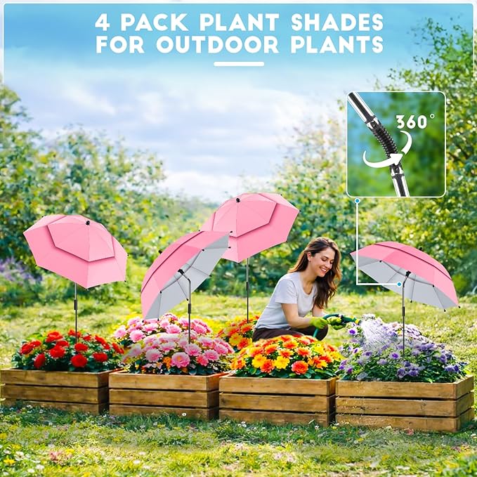4 Pack 24.9" Double Canopy 47.2" Height Plant Umbrellas for Outdoor Plants, 3D Stakes 360° Adjustable Plant Shades for Outdoor Plants, Garden