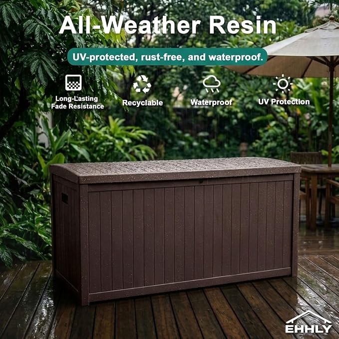 EHHLY Outdoor Storage Box Large-120 Gallon Deck Box with Hydraulic Pistons&Lockable Secure, Waterproof Resin Package Delivery Box for Outside Porch, Curbside, Patio, Home