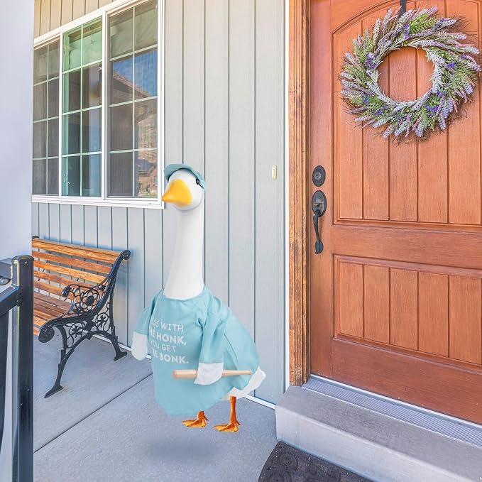 CAMDUCK Funny Porch Goose Outfit for 23 Inch Goose Statue, Mess with The Honk You Get The Bonk Goose Clothes, Decorative Lawn Geese Costume Clothing for Outdoor Decor (Light Blue)