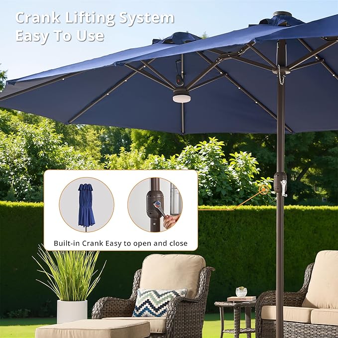 15ft Large Patio Umbrellas with Base & Solar Lights,Outdoor Rectangle Double-Sided Market Umbrella with Stand & 38 LED Lights,Outside Umbrellas for Poolside Deck Backyard (Navy Blue)