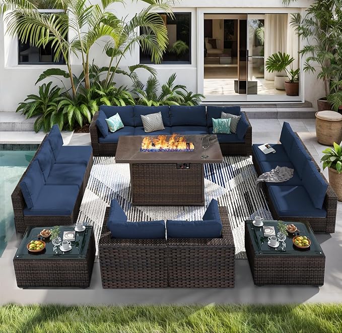 15 Piece Patio Furniture Set with Fire Pit Table All Weather PE Rattan Outdoor Sectional Sofa Couch with No-Slip Cushions and Glass Top Tables for Garden, Poolside, Backyard (Blue)